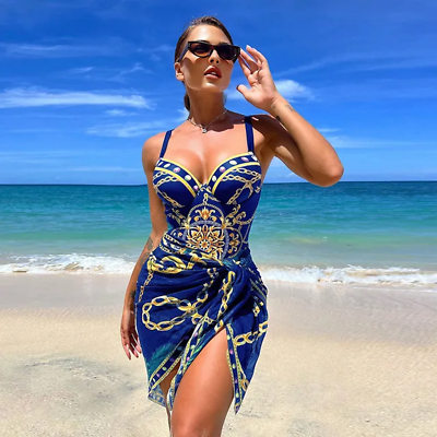 #ad Bold One Piece Swimsuit with Sash Women Pushup Printed Bikinis Strappy Gold $22.22