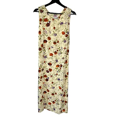 #ad Vintage 90s Yellow Sleeeveless Floral Print Full Length Dress XL $42.00