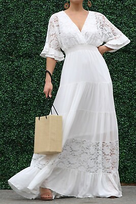 #ad White Boho Crochet Lace Wide Bell Ruffle Sleeve Maxi Dress Bohemian Wedding S $69.95