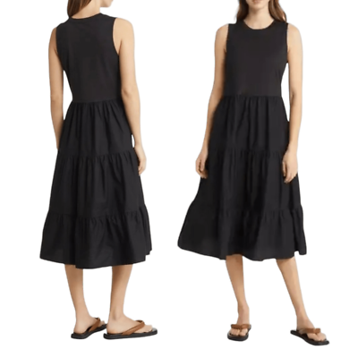 #ad Nordstrom NWT Sleeveless Mixed Media Tiered Midi Dress sz S Black $58.00