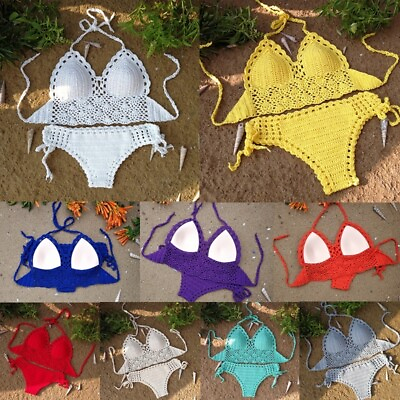#ad #ad Handmade Crochet Bikini Set Womens Push up Bra Swimwear Boho Beach Swimsuit Suit $14.99