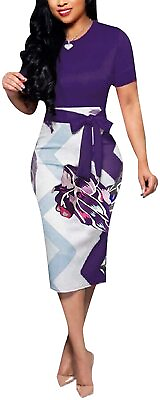 Women#x27;s Bodycon Dress Midi Work Casual Floral Prints Pencil Dresses with Belt $75.92
