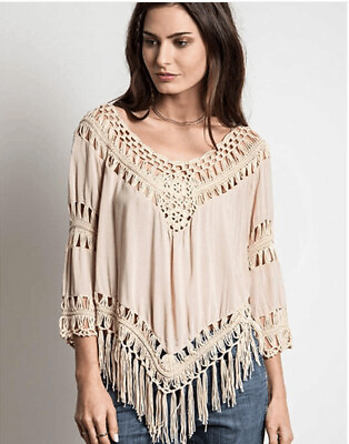 #ad Bohemian Boho Shirt Tunic Plus Size Womens Crochet Fringe Top V Neck 3 4 Sleeve $26.59