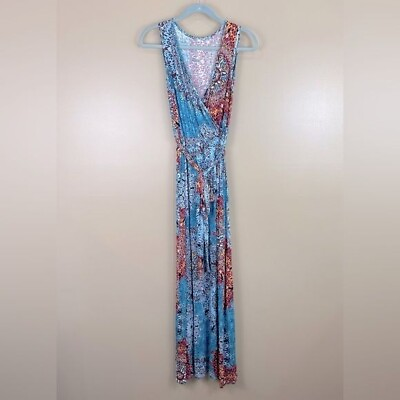 #ad Blue Multi V Neck Sleeveless Maxi Dress Medium $28.98
