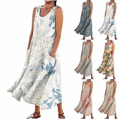#ad Women Summer Sleeveless Floral Casual Baggy Flowy Maxi Dresses with Pockets $36.16