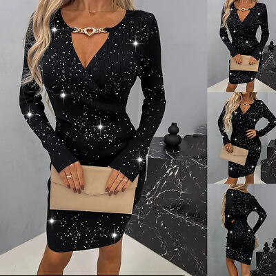 #ad Women#x27;s Sexy V Neck Bodycon Mini Dress Elegant Evening Party Dresses Clubwear $23.45
