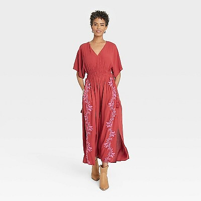 Women#x27;s Flutter Short Sleeve Embroidered Kaftan A Line Dress Knox Rose $15.99