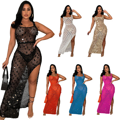 Women#x27;s Crochet Knitted Dress Shiny Sequin Side Slit Party Beach Cover Up Dress $28.05