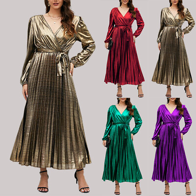 #ad Women Glitter Shiny Maxi Dress V Neck Long Sleeve Evening Party Wrap Dresses $39.23