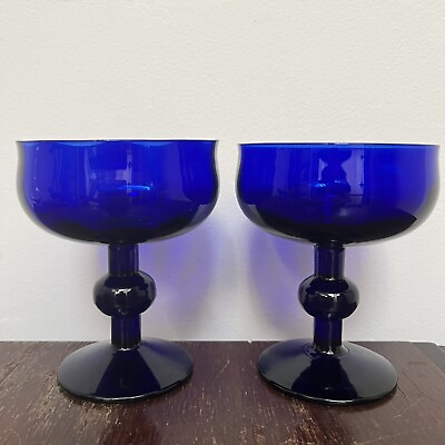 #ad 19th Century Bristol Blue Cocktail Goblet Glasses Knob Stem Hand Blown Antique $35.00