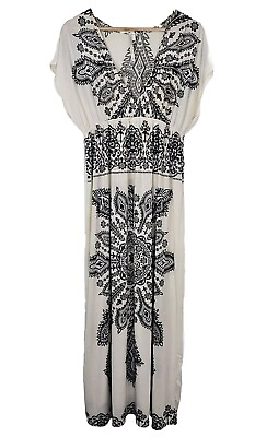 #ad Cristina Love V Neck Short Sleeve Black OffWhite Paisley Boho Maxi Dress Size XL $13.50