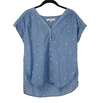 Ann Taylor LOFT V Neck High Low Blue Chambray Embroidered Boho Top MP Petite $11.75