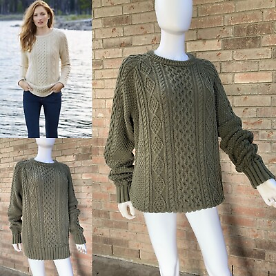 LL Bean Signature Cotton Fisherman Cable Knit Sweater Tunic Green Women#x27;s L $59.99