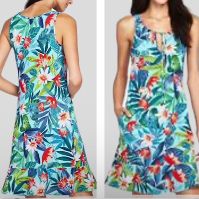 #ad Lands#x27; End Women#x27;s Flounce Swim Cover Up Dress Teal Paradise Floral Size S 6 8 $24.99
