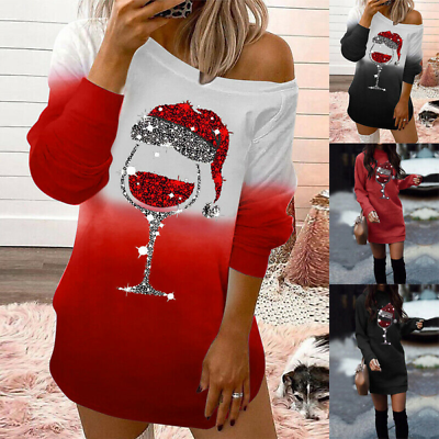 #ad UK Womens Christmas Santa Shirt Dress Ladies Xmas Party Long Sleeve Casual Dress $28.41