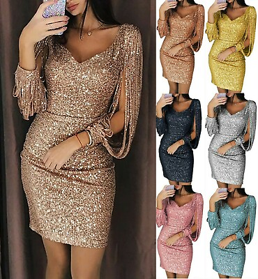 Womens New Long sleeve Sexy Dresses Ladies Sequins Bodycon sexy Party Dresses US $16.17