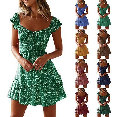 Women Summer Dress Sexy Pleated Sleeve Polka Dot Print Club Mini Dress Sundress $17.99