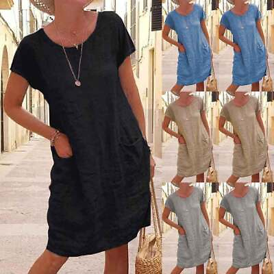 #ad Women Round Neck Sundress Solid Ladies Casual Loose Holiday Beach Midi Dresses $19.49