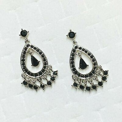 #ad #ad Rhinestone Statement Earrings Black Gem Boho Prom Formal Fashion Silver Tone $9.99