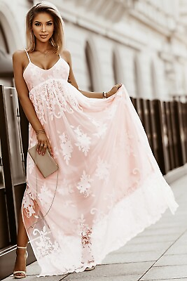 #ad WOMEN#x27;S WHITE PINK FLORAL CROCHET LACE HIGH WAIST MAXI DRESS NEW $27.97