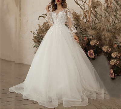 #ad A Line Wedding Dresses Long Sleeve Applique Lace 3D Flower Tulle Boho Bride Gown $142.90