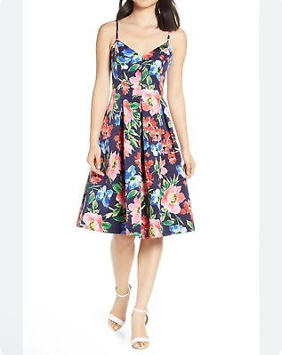 #ad #ad Eliza J. Floral Fit amp; Flare Cocktail Dress Size 4 Blue Pink Pockets Midi $44.99