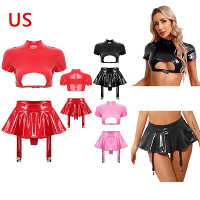 #ad Women Two Pieces Outfits Hollow Out Crop Top High Waist Ruffle Mini Skirts Set $19.73