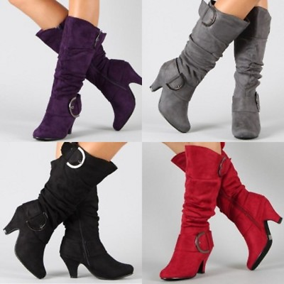 #ad US 4.5 10.5 Retro Womens Synthetic Suede Mid Calf Boots Buckle Casual Booties $33.43