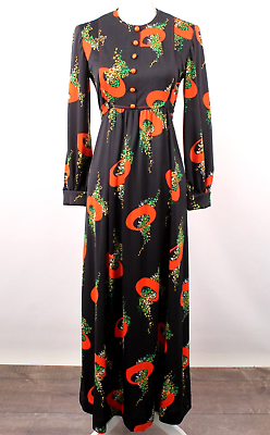 #ad Vtg Women#x27;s 70s Black Red amp; Green Floral Maxi Dress 1970s Sz M Gay Gibson $79.99
