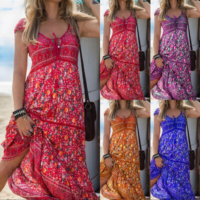Womens Summer Beach Boho Sun Dress Ladies Holiday V Neck Maxi Dress67 $19.66