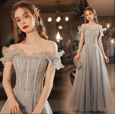 Trendy Grey Off Shoulder Flounce Tulle Evening Dresses Cocktail Party Prom Gown $109.88