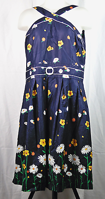 #ad Trollied Dolly Navy Blue Summer Floral Print Retro Rockabilly Cotton Sundress 2X $31.41