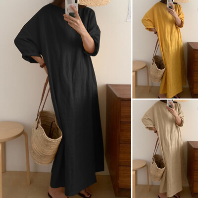Women Linen Cotton Long Sleeve O Neck Kaftan Oversize Long Maxi Shirt Dress Plus $21.84