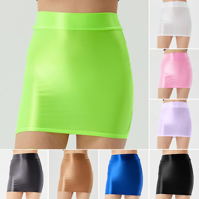 #ad Womens Glossy Mini Skirts Bodycon High Waist Shiny Oil Elastic Pencil Skirt US * $6.39