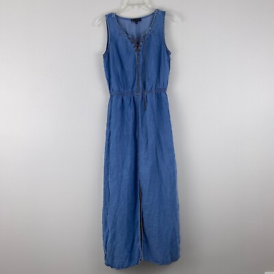 #ad Bluet Dress Womens 8 Denim Maxi Chambray front slit sleevelessTie V Neck Boho $16.80