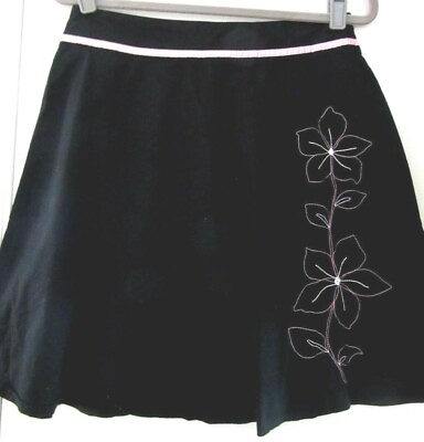 #ad $8 WOW Size 7 20quot; Long Black Pink Trim amp; Stitched Flower Skirt Cotton Spandex $8.95