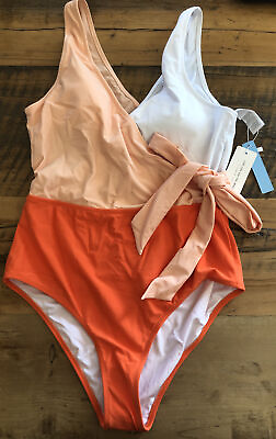 #ad CUPSHE NWT Women#x27;s Orange and White Tie Waist One Piece Swimsuit Medium $12.99