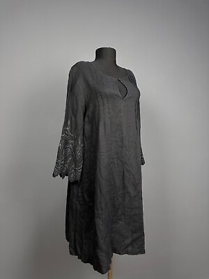 #ad #ad 120% Lino Black Linen Long Sleeve Embroidered Organic Dress Tunic Sz 46 L GBP 39.00