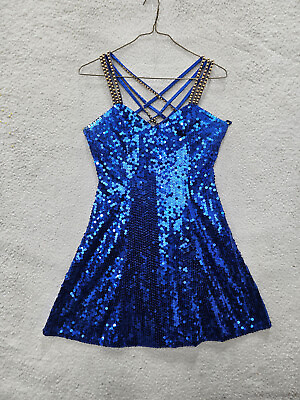 #ad Stella Luna Dress Women 8 Blue Polyester Sleeveless Sequin Fit Flared Strap Mini $14.00