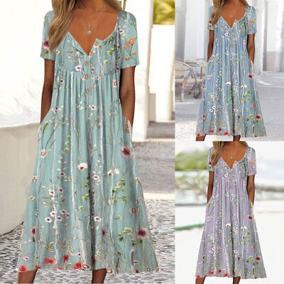 #ad Women#x27;s V Neck Floral Midi Dress Short Sleeve Summer Ladies Beach Boho Sundress $7.95