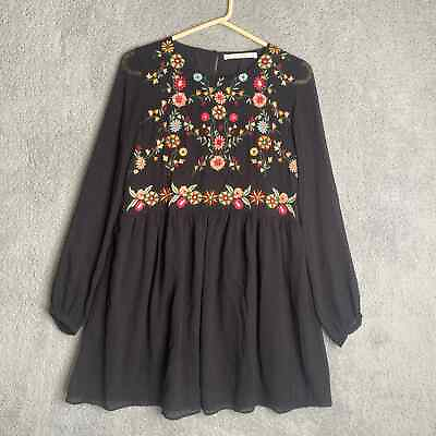 #ad Zara long sleeve flowy floral embroidered black mini dress cottagecore peasant M $23.99