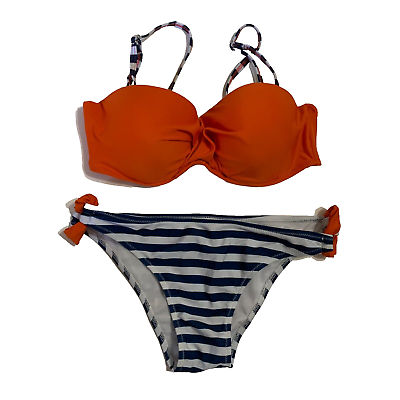 #ad Swimsuit 2 Piece Bikini Orange Padded Top Blue Stripe Bottoms Bathing Medium $20.00