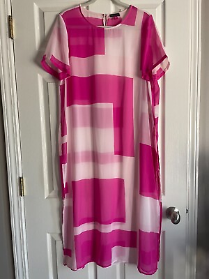 Women#x27;s Vince Camuto Side Slit Semi Sheer Pink White Beach Maxi Dress Sz Large $23.99