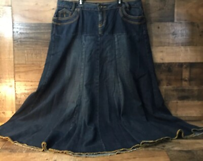 #ad Womens Plus Maxi Flare Skirt Denim Stretch Blue Pockets 16W Gold Trim Modest $20.39