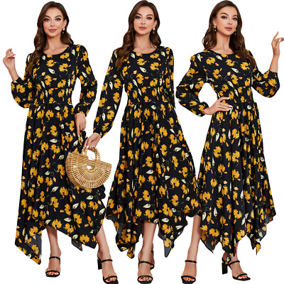 #ad Bohemia Sundress for Women Floral Print Long Sleeve Maxi Dress Casual Dubai Robe $33.74