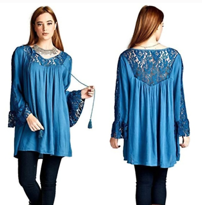 #ad Cute Plus Size Light Blue BoHo Gypsie Mini Dress Tunic 1X 2X 3X New $49.95