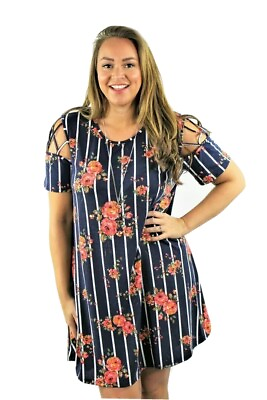 #ad Vibe 1X 2X 3X A Line Navy Floral Swing Dress Attached Necklace NWT $14.99