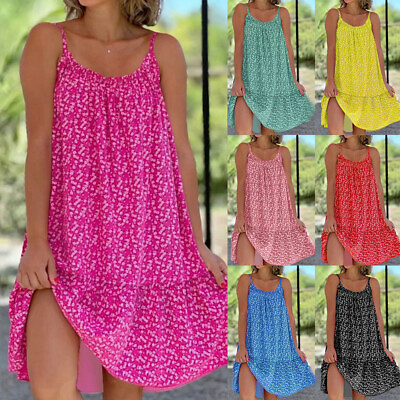 #ad Plus Size Women Boho Strappy Mini Dress Summer Beach Loose Fit Swing Sundress ☆ $14.27