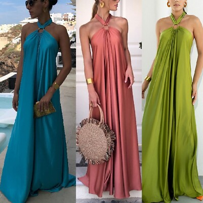 #ad Women Sleeveless Halterneck Dress Satin Maxi Dresses Evening Party Gown Sundress $30.03