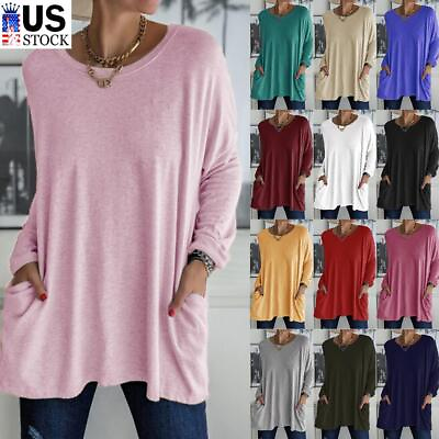 Women Long Sleeve Solid Tunic T Shirt Casual Pocket Crewneck Tee Tops Plus Size $18.42